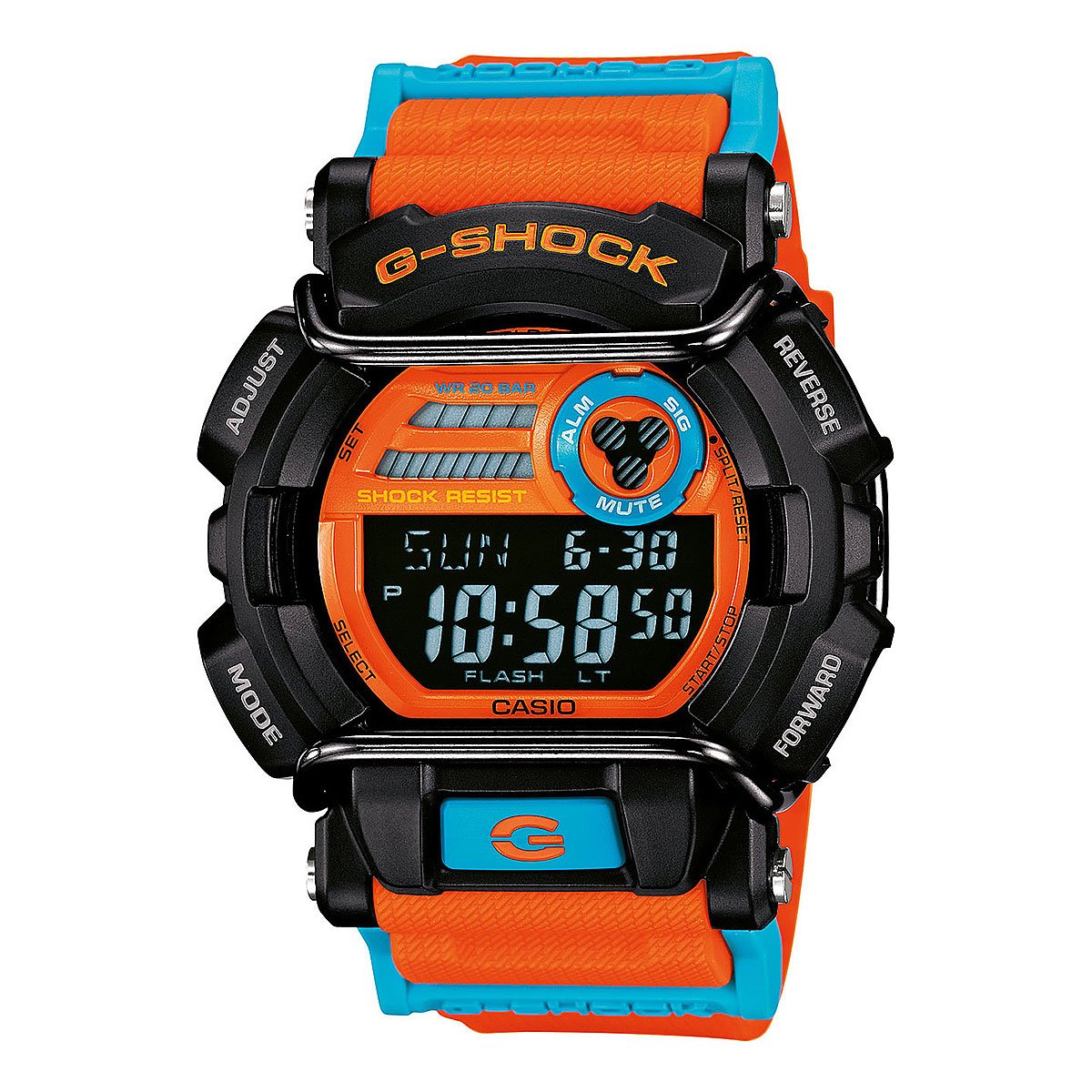 black and orange g shock watch