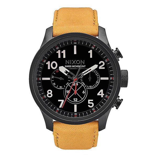 фото Кварцевые часы Nixon Safari Dual Time Leather Black/Goldenrod